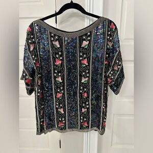 VTG Megere 100% Silk Colorful Beaded Sequined Floral Blouse Pearls Size Large